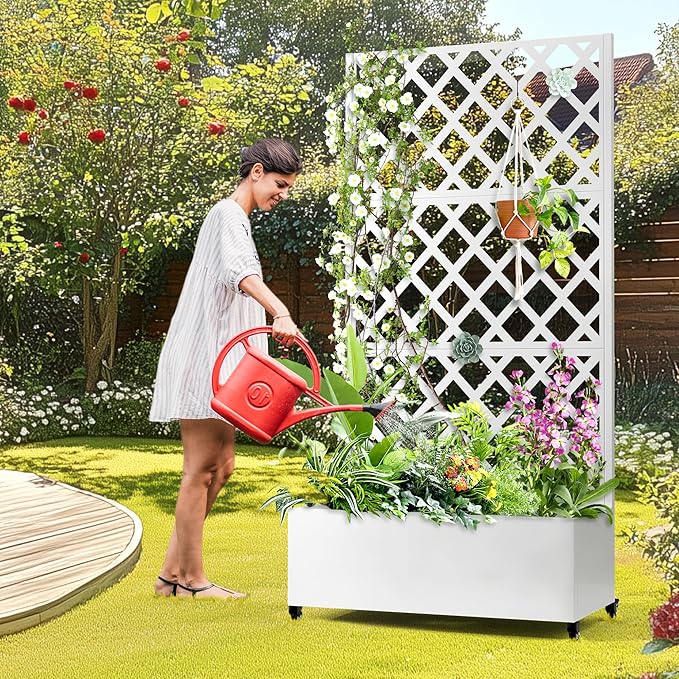 Metal Planter Box with Trellis, Raised Garder Bed with Drainage Hole, Privacy Screen & Trellis for Climbing Plants, Outdoor Plant Stands, 35''L×17''W×73''H, White