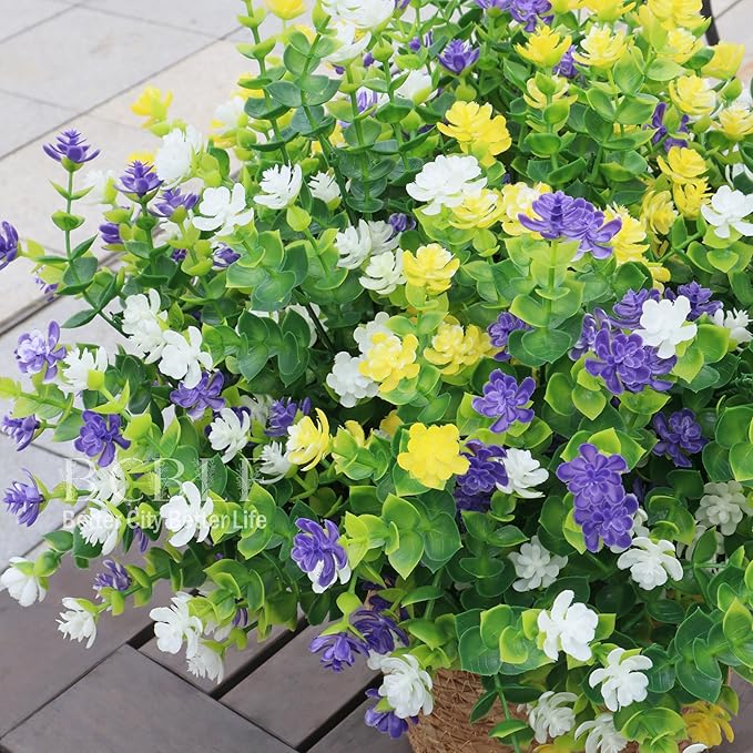 Artificial Flowers for Outdoors, 12 Bundles UV Resistant Realistic Faux Plants for Outside Porch Planter, Spring Summer Home Garden Decoration