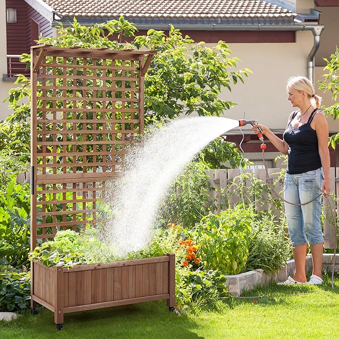 Yaheetech 72" H Horticulture Garden Planter with Trellis for Vine Climbing Plants, Raised Box Outdoor w/Drainage Holes Raised Garden Bed Planter Box for Flowers, Dark Brown