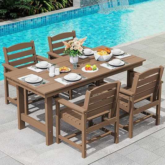 SERWALL Patio Dining Table Sets 5-Piece, Outdoor HDPE Dining Furniture Set with Umbrella Hole Cut-Out Table and 4 Chairs, All Weather Dining Set for Lawn, Garden, Backyard, Poolside, Brown