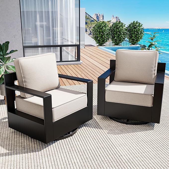 Aluminum Outdoor Swivel Rocker Patio Chairs Set of 2, All-Weather Metal Outdoor Chair with 6 Inch Thick Cushions, Deep Setting for Garden, Outside and Porch
