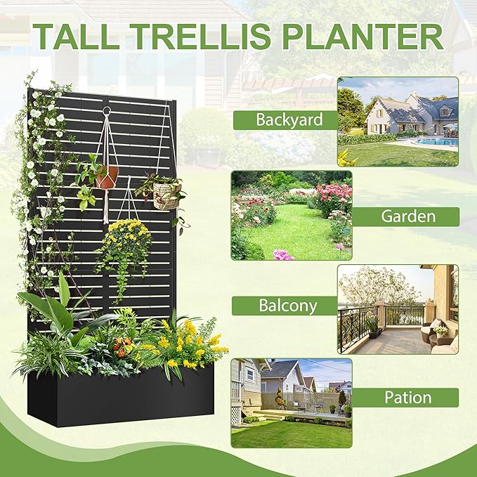 Trellis for Climbing Plants Outdoor，Mental Garden Bed with Drainage Holes Outdoor Privacy Screen Design Tall planters for herb Flower Vegetables 73"x35"x16", Black-Louvered