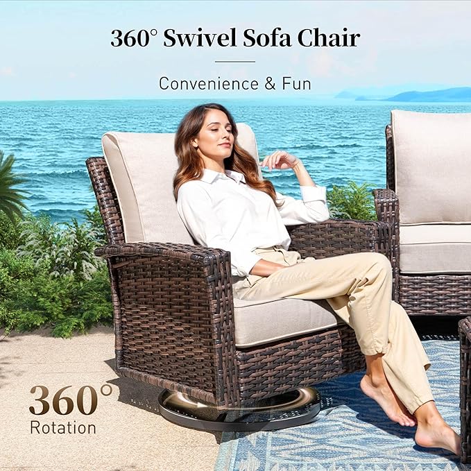 6 Piece Patio Furniture Set with Swivel Chairs, High Back Wicker Rattan Sofa with Extra Thick Cushion, Coffee Table and Ottoman, Outdoor Conversation Set for Backyard Deck,Beige