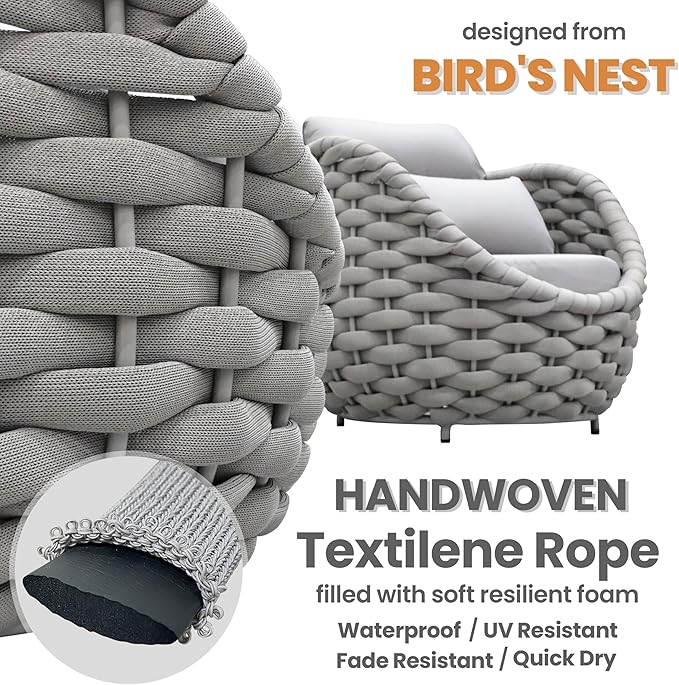 2 PCS Patio Deck Accent Chair: Large Woven Rope Chair Cushioned - Aluminum Modern Single Lounge Armchair Assembled - All Weather Outdoor Seating for 400lbs Lanai Balcony Porch Garden Hotel, Gray