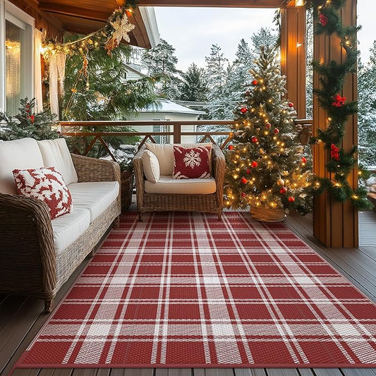 GENIMO Christmas Outdoor Rug for Patio, 8'x10' Waterproof Reversible Plastic Straw Rugs, Lightweight RV Camping Mat for Camper, Balcony, Deck, Backyard, Picnic, Red & White