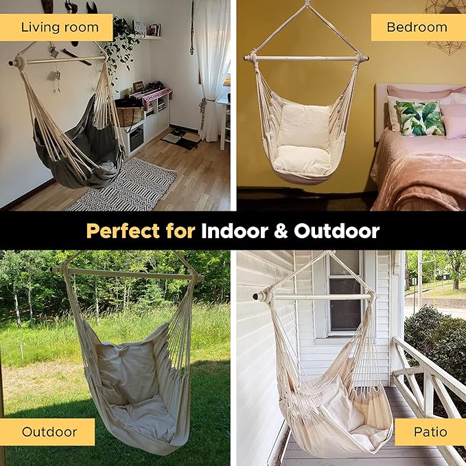 ADVOKAIR Hammock Chair Hanging Chair Swing Large Indoor with Anti-Slip Steel Spread Bar and Pocket-Max 500lbs-2 Cushions, Perfect for Bedroom,Outdoor,Patio, Porch,Backyard…