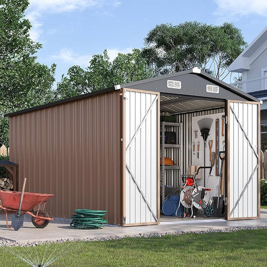 8x12FT Outdoor Storage Shed, Metal Garden Shed with Lockable Double Doors & Sloping Roof, Weather-Resistant Tool Shed for Backyard, Patio, Poolside Brown