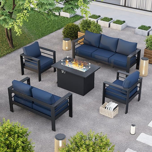 Patio Furniture Set with Fire Pit Table, Aluminum Patio Furniture Set,Grey and Blue Outdoor Metal Sectional Sofa with Aluminum Fire Pit Table for Garden Backyard (Include Waterproof Cover)