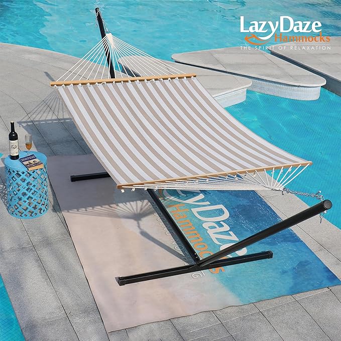 Lazy Daze Hammocks Quick Dry Hammock with Spreader Bar Textliene Fabric Double Outside Hammock with Chains Outdoor Patio Poolside Backyard Beach 450lbs Capacity, Beige White Stripes