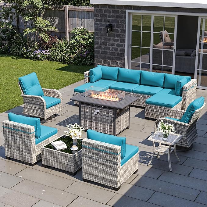 13-Piece Patio Furniture Set, Outdoor Patio Furniture with Swivel Chairs Set, Ottomans, 55,000 BTU Fire Pit Table, Modular Patio Sofa, Dual-Strand Wicker Rattan, Rust-Resistant Frame, Lake Blue