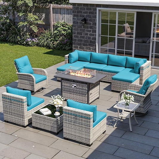 13-Piece Patio Furniture Set, Outdoor Patio Furniture with Swivel Chairs Set, Ottomans, 55,000 BTU Fire Pit Table, Modular Patio Sofa, Dual-Strand Wicker Rattan, Rust-Resistant Frame, Lake Blue