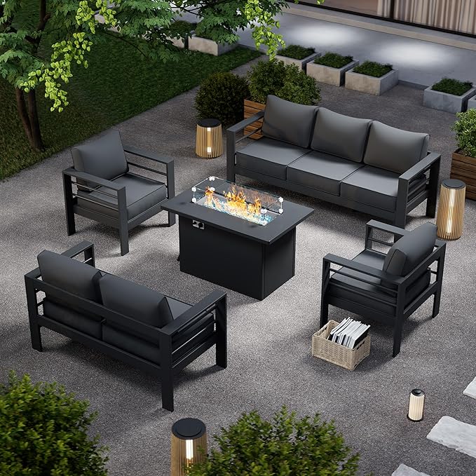 Patio Furniture Set with Fire Pit Table, Aluminum Patio Furniture Set,Grey Outdoor Metal Sectional Sofa with Aluminum Fire Pit Table for Garden Backyard (Include Waterproof Cover)