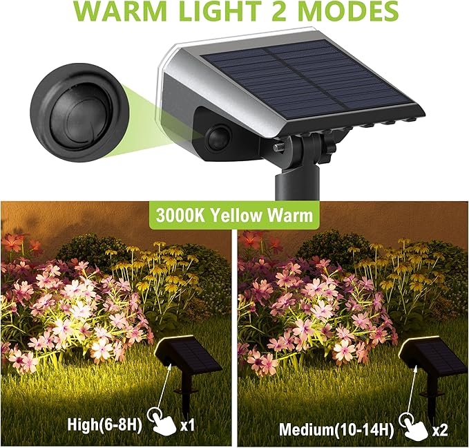 Solar Lights Outdoor Waterproof IP65, Super Bright LED, 3000K 2 Lighting Modes, Solar Powered Yard Garden Solar Spot Lights for Outside Landscape Auto On/Off -2 Pack