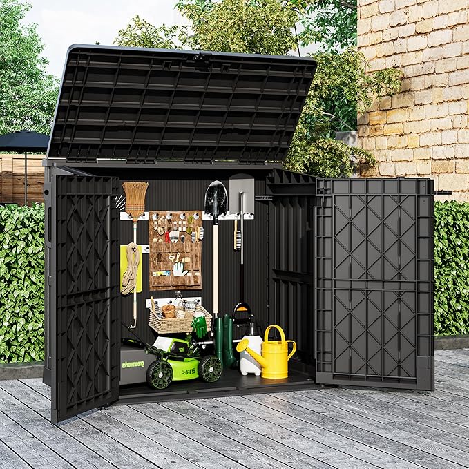 LHBcraft Outdoor Storage Cabinet 36 Cu Ft with Lockable Doors, Portable Horizontal Resin Storage Shed - Easy to Assemble, Waterproof Small Storage Shed with Floor Black