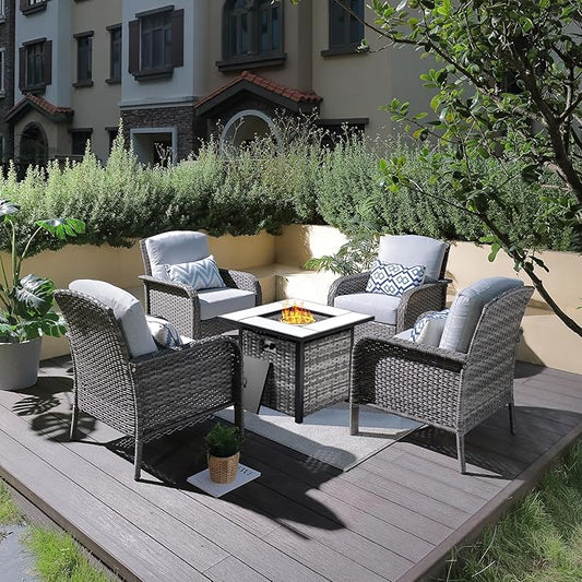 ovios 4 Pieces Patio Furniture Set with 30" Fire Pit Table, Outdoor Wicker Chairs of 4, All Weather High Back Rattan Chairs 4-Seater with Comfy Cushions, Grey