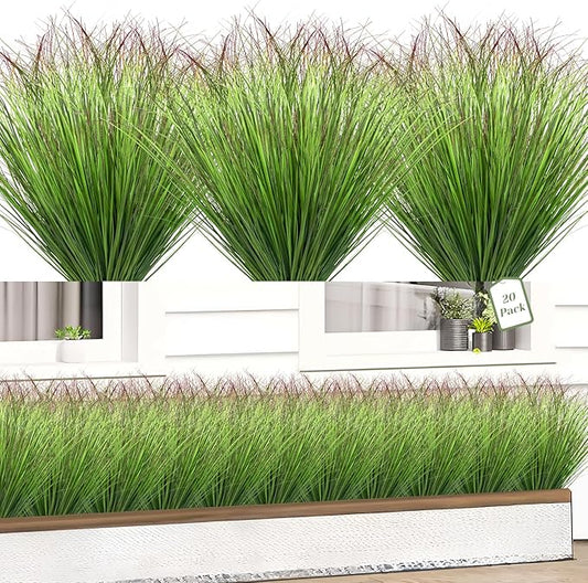 20 Bundles Fake Grass Plants Artificial Plants Outdoor Faux Plants Tall Shrubs Wheat Grass Greenery Stems UV Resistant Onion Grss for Outside Planters Indoor Room Vase Home Decor（Green Red Tail）