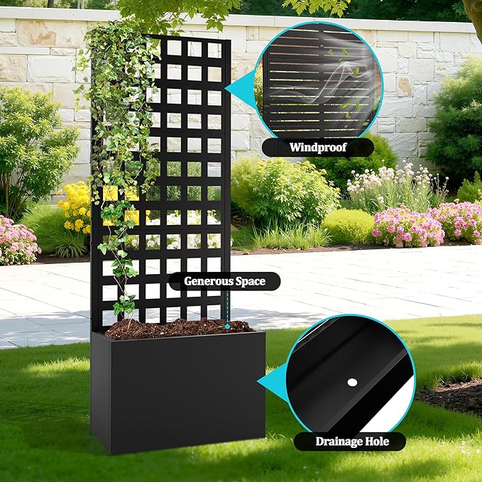 Metal Planter Box with Trellis, Planter Box with Privacy Screen, Privacy Trellis Outdoor for Climbing Plants with Drainage Holes, Raised Garden Bed for Vegetables