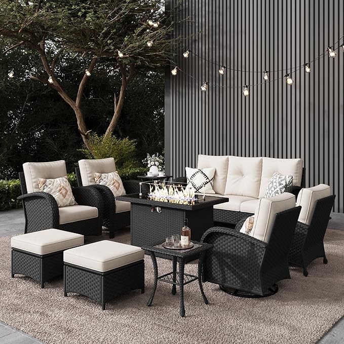 LayinSun 10 Pieces Outdoor Patio Furniture Set with Fire Pit Table, Rattan Wicker Sectional Swivel Rocker Chairs Sets