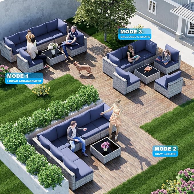 7-Piece Patio Furniture Set, Outdoor Sectional with Thick Cushions, Modular Patio Sofa, Dual-Strand Wicker Rattan, Rust-Resistant Frame, Backyard Furniture for Garden, Deck, Navy Blue