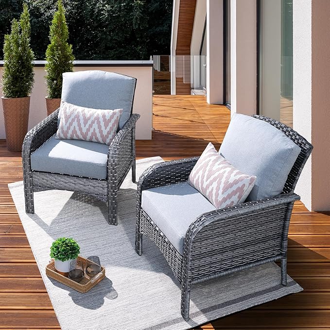 ovios 2 Pieces Patio Furniture Set, Outdoor Wicker Chairs of 2, All Weather High Back Rattan Chairs 2-Seater with Comfy Cushions for Porch Deck, Grey