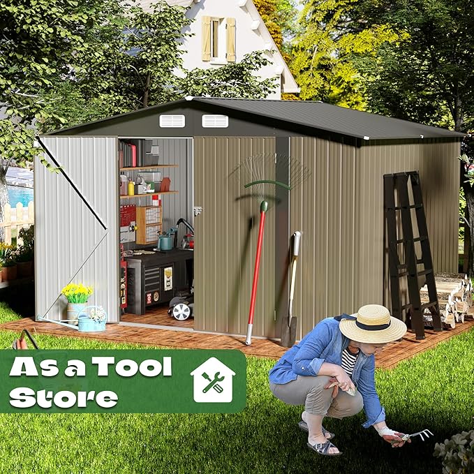 8' x10' Outdoor Metal Storage Shed, Outdoor Metal Shed, All-Weather Resistant Steel Garden Shed with Double Lockable Door, Waterproof Garden Tool Storage Shed for Patio, Backyard, Lawn
