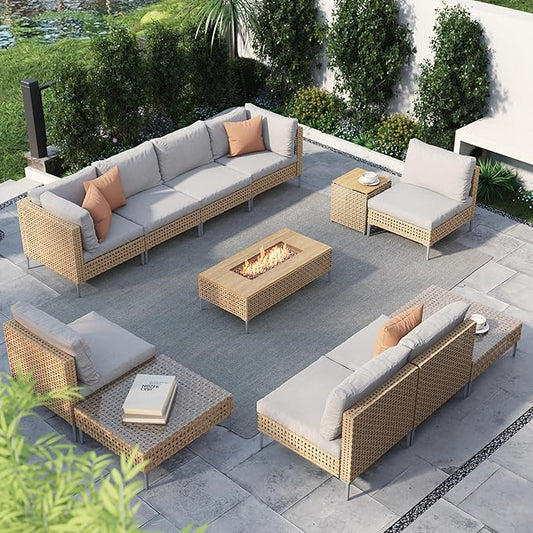 Grand patio 12-Piece Patio Furniture Set with 47" Fire Pit Table, Outdoor Conversation Set & 50,000 BTU 47 Inch Rectangle Propane Fire Pit & Storage Box with Water Resistant Thick Cushions, Cream
