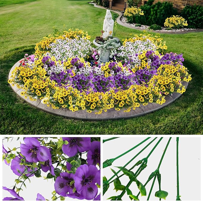 Artificial Fake Pansy Flowers for Outdoor, 36 Bundles Faux Silk Pansies Spring Flowers for Outside for Planter Front Door Porch Yard Patio Window Box Home Decor (36, Purple, Yellow, White)