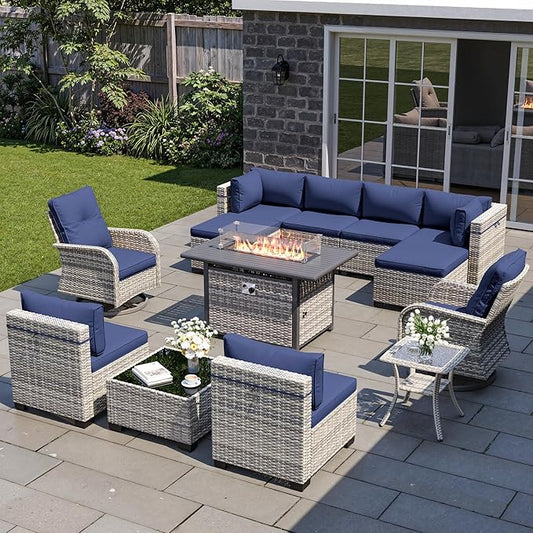 13-Piece Patio Furniture Set, Outdoor Patio Furniture with Swivel Chairs Set, Ottomans, 55,000 BTU Fire Pit Table, Modular Patio Sofa, Dual-Strand Wicker Rattan, Rust-Resistant Frame, Navy Blue