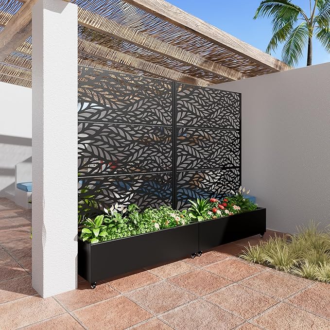 Casaphoria Metal Raised Garden Bed with Trellis and Wheels, 72"x47"x16" Planter Box for Climbing Plants, Vegetables & Vines, Features Drainage Holes and Privacy Screen (Black-Spring)