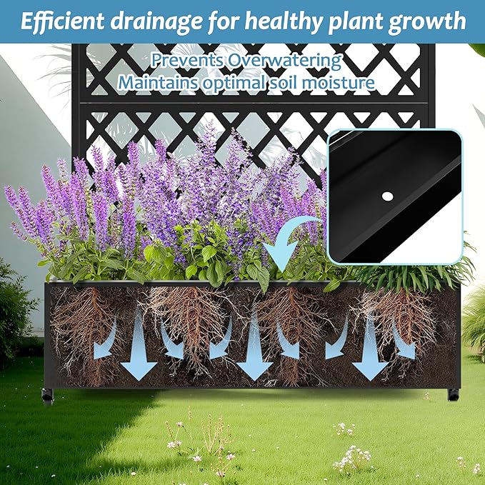 Metal Planter Box with Trellis & Wheels, Raised Garden Bed with Privacy Screen, Outdoor Standing Flower Beds with Drainage Hole for Climbing Plants, Vine, 47.2''L×15.7''W×70.9''H, Black