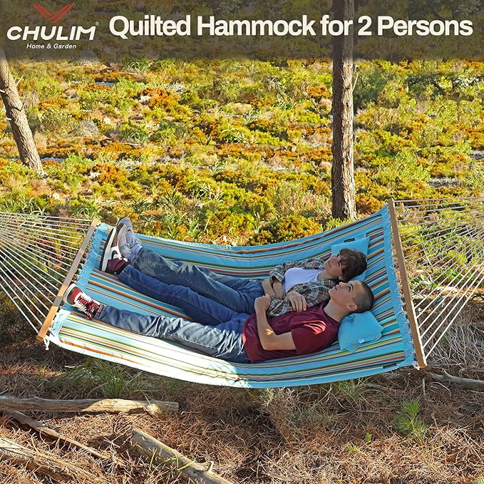 12 FT Double Quilted Fabric Hammock with Spreader Bars and Pillow 450 LBS Weight Capacity 2 Person Hammock for Outdoor Patio Backyard Poolside