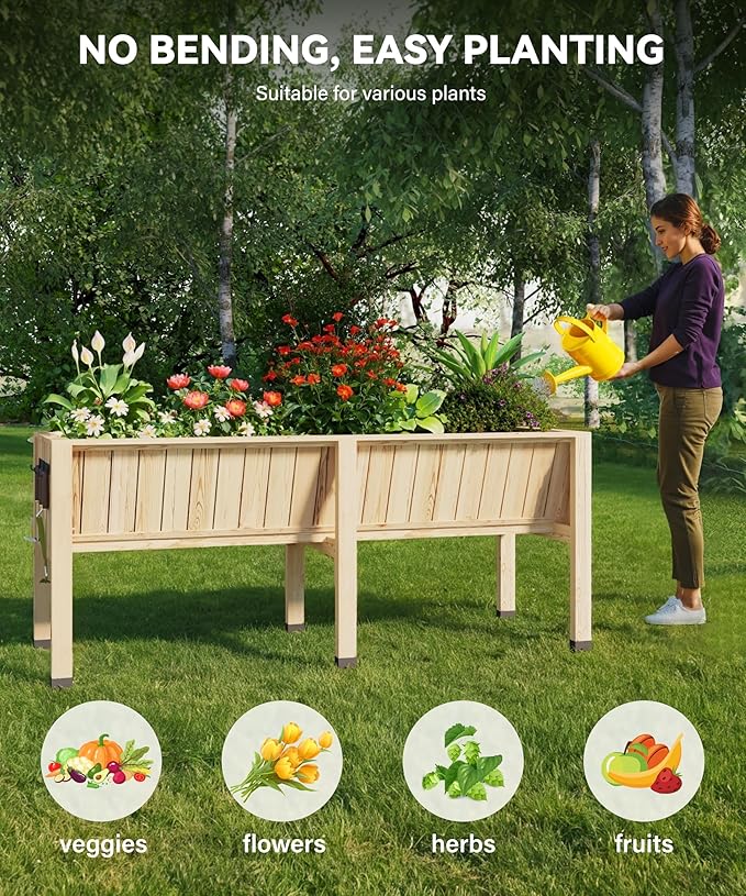 Raised Garden Bed 6 x 2 x 2.5FT, Raised Garden Beds Outdoor with 6 Legs, Detachable Liner, Wooden Raised Planter Box for Backyard, Patio, Balcony