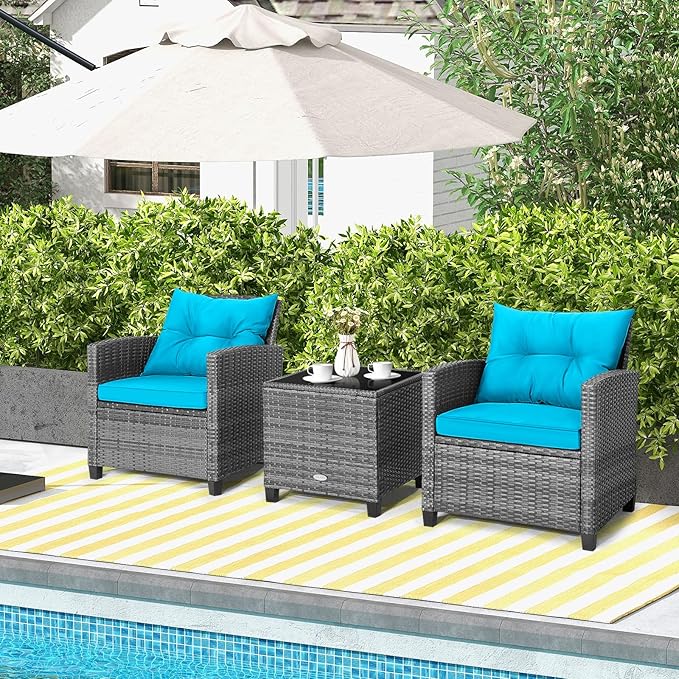 HAPPYGRILL 3 Pieces Patio Conversation Set, Outdoor Furniture Set PE Rattan Sofa Set with Removable Cushions, PE Wicker Chairs with Tempered Glass Side Table for Porch Lawn Garden Balcony Backyard