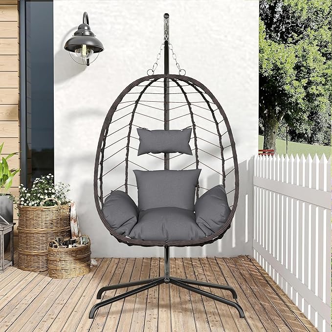 Hanging Egg Chair with Stand, Swinging Egg Chair Outdoor Indoor, Hanging Basket Chair with Cushion, Patio Wicker Hammock Chair 350lbs Capacity for Bedroom, Balcony, Backyard, Garden (Grey)
