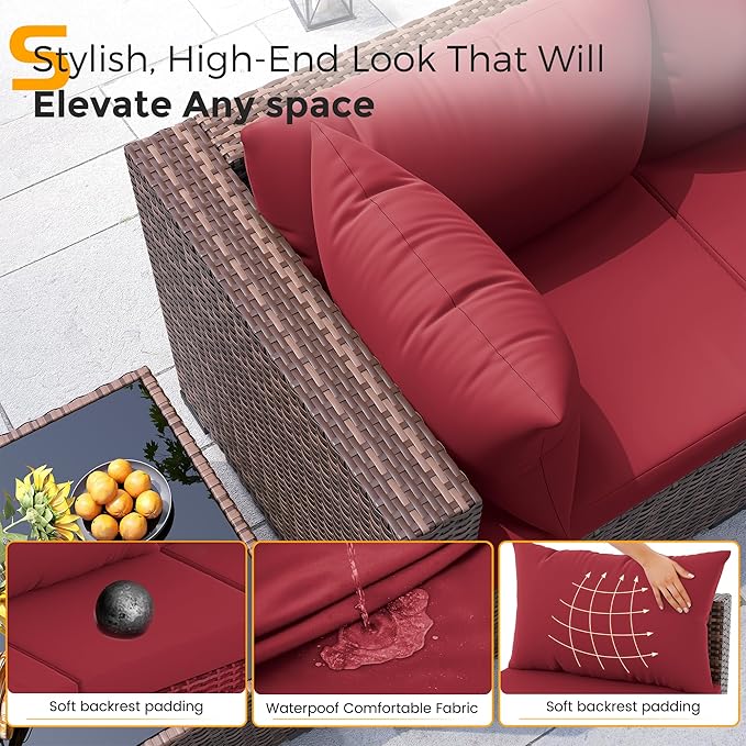 UDPATIO Outdoor Patio Furniture Set with Fire Pit Table, 8 Piece Outdoor Sectional Sofas, All-Weather Wicker Patio Conversation Set for Garden, Backyard Wine