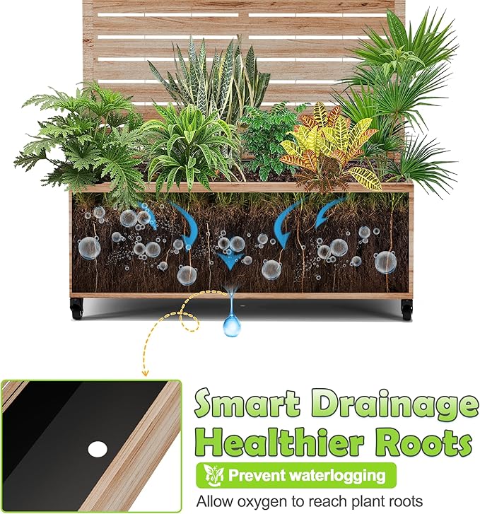 15.7"×70.9"×35.4" Metal Raised Garden Bed with Trellis and Wheels - Tall Trellis Planter Box for Climbing Plants, Vegetables & Vines - Outdoor Privacy Planters for Patio (Acacia Wood Grain)