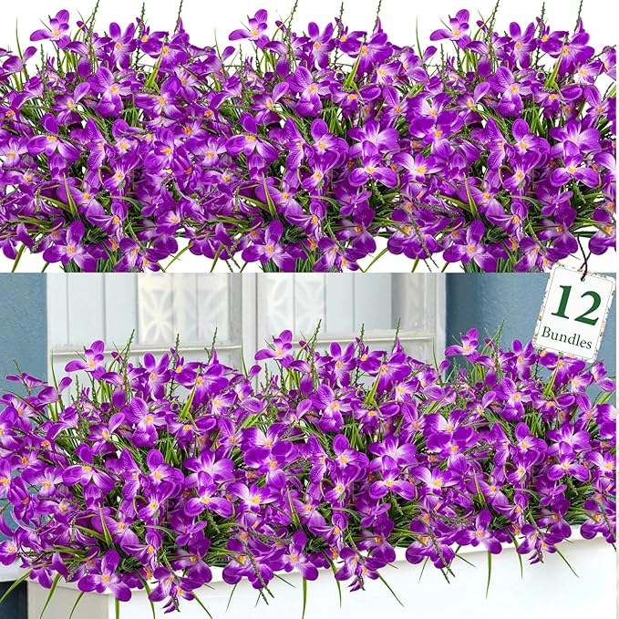 Ouddy Decor 12 Bundles Artificial Flowers for Outdoors Decoration, Fake Freesia Silk Flowers UV Resistant Artificial Plants for Summer Indoor Outside Garden Wedding Farmhouse Porch Home Decor, Fuchsia