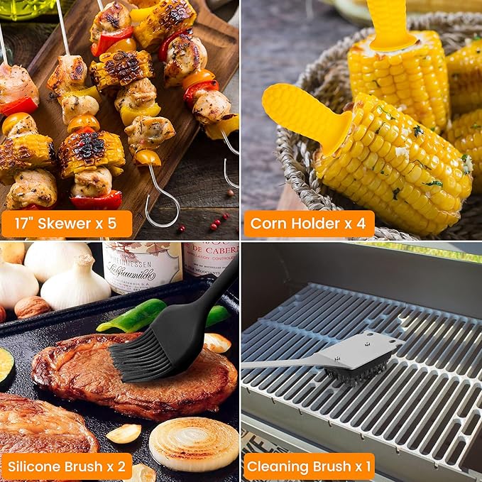 Grill Accessories Kit, Grill Tool Set with 4-in-1 BBQ Spatula, Fork, Tongs, Cleaner Brush, Skewers, Silicone Corn Holders, Silicone Brush, Grilling Gift Set for Men and Women
