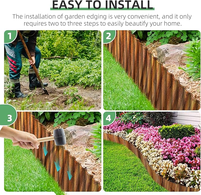 AHEONLAR Corrugated Metal Garden Edging, 5''×25Ft Steel Landscape Edging Border, Flower Bed Edging Borders, Metal Lawn Edging for Landscaping, Garden, Pathway, Lawn, Flower Bed, Garden Fence (Rusty)