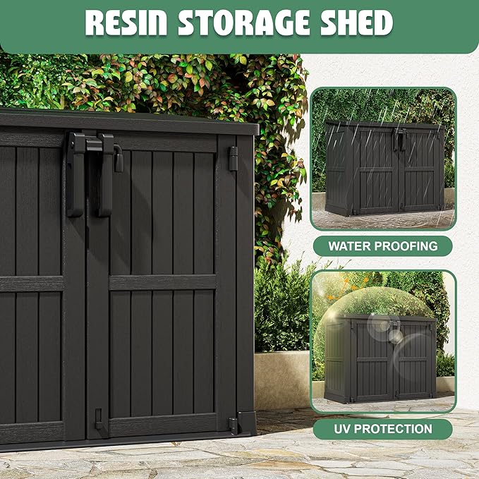 Horizontal Resin Storage Shed 36 Cu Ft with Lockable Doors, Portable Outdoor Storage Cabinet -Easy to Assemble,Sheds & Outdoor Storage, Waterproof Outdoor Storage Box for Backyards,Black