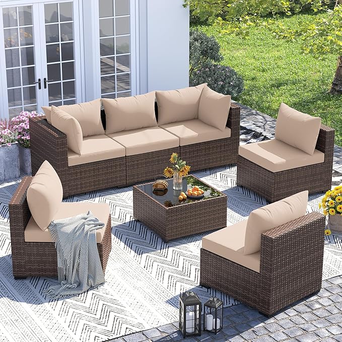 UDPATIO Patio Furniture Set, 7 Piece Outdoor Sectional Sofas with Wicker Coffee Table, Outdoor Patio Conversation Set for Garden, Backyard Khaki