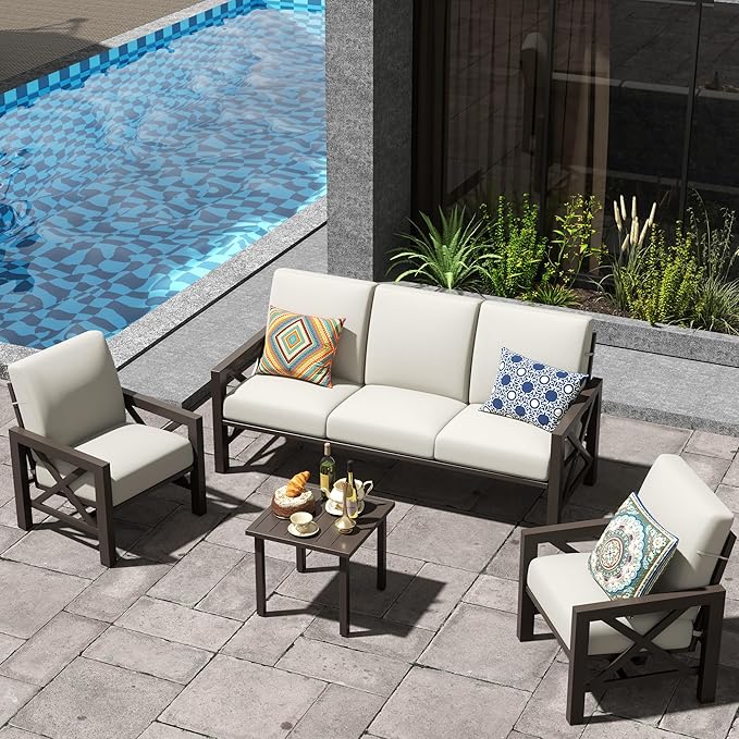 NATURAL EXPRESSIONS 4 Pieces Patio Furniture Set, Outdoor Furniture Sofa Sectional Modern Metal Patio Conversation Set with High Back Backrest & 3 Seater Loveseat and 2 Motion Rocker