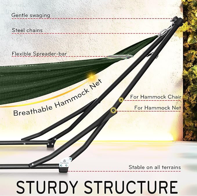 Tranquillo UniGen Hammock, Hammock with Stands Heavy Duty Indoor/Outdoor Hammock with Signature Steel Stand, 600lbs Premium Foldable, Durable 2-Layered Soft Polyester, Moss Green