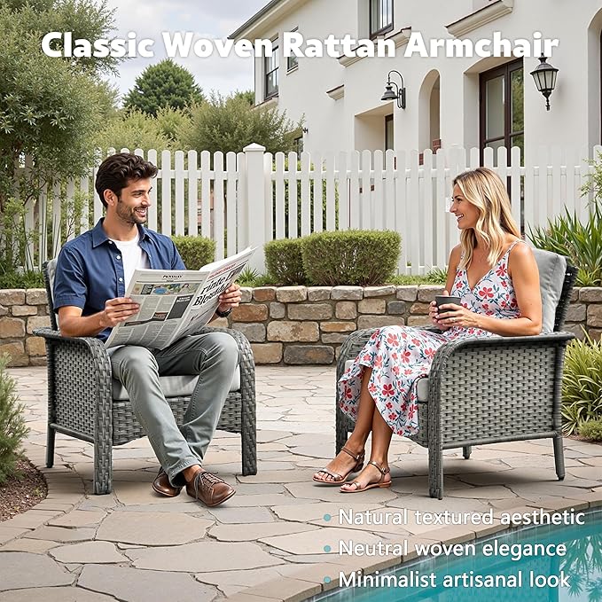 4-Piece Wicker Patio Furniture Set, All-Weather Rattan Conversation Bistro Loveseat Chair and Table Set for Backyard, Balcony and Deck with Soft Cushions and Metal Table(Gray)