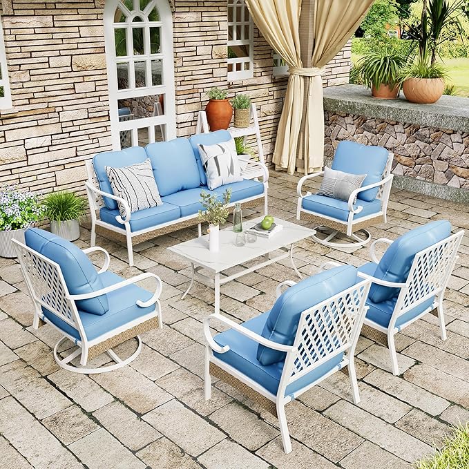 6 Piece Patio Furniture Set, 2 x Fixed Chair, 2 x Swivel Chair, 1 x 3-Seat Sofa with Marbling Coffee Table, All Cushioned 7 Seats Outdoor Conversation Set for Lawn Garden Backyard, Blue