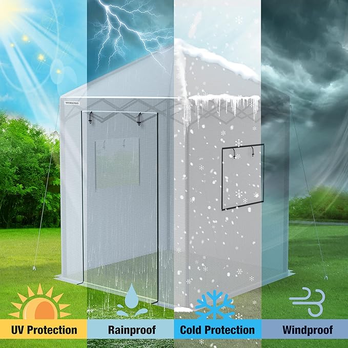 WORKPRO Greenhouse, 94" x70" x98" Instant Pop-up Heavy Duty Gardening Green House Canopy with Robust PE Cover, Indoor Outdoor Plant House Shed with Roll-up Entry Doors and 2 Screen Windows
