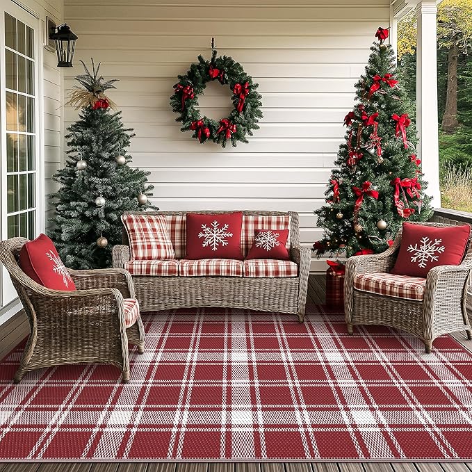 GENIMO Christmas Outdoor Rug for Patio, 5'x8' Waterproof Reversible Plastic Straw Rugs, Lightweight RV Camping Mat for Camper, Balcony, Deck, Backyard, Picnic, Red & White