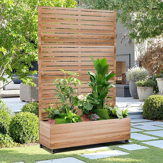 15.7"×70.9"×47.2" Metal Raised Garden Bed with Trellis and Wheels - Tall Trellis Planter Box for Climbing Plants, Vegetables & Vines - Outdoor Privacy Planters for Patio (Cut Oak Grain)