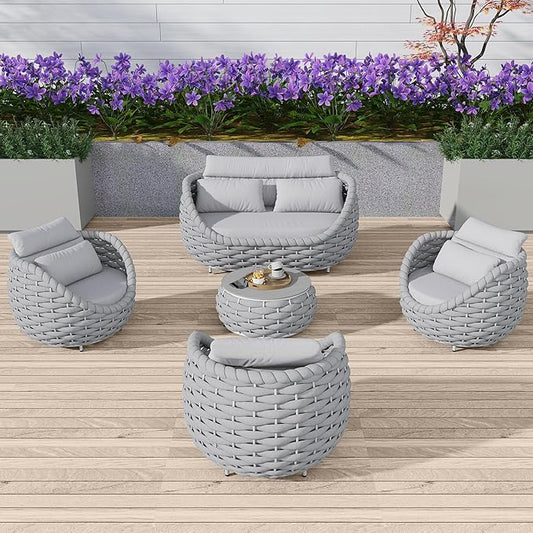 5 Pieces Patio Furniture Set, Outdoor Rope Conversation Sectional Patio Sofa with 5 Seater for Backyard, Porch, Modern Armchairs with Thickness Cushions and Side Table, Light Grey