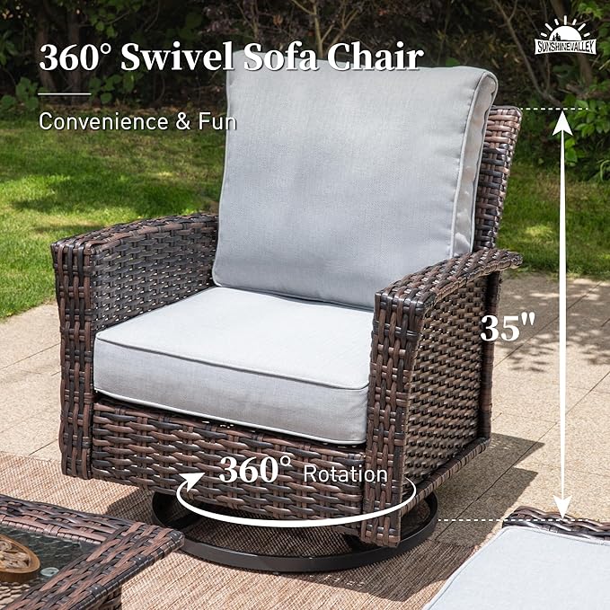 Patio Wicker Swivel Chairs Set of 2, Outdoor High Back Chairs with 5.5" Waterproof Cushions and Side Table, Outdoor Furniture Set for Deck Porch and Yard, Peacock Blue